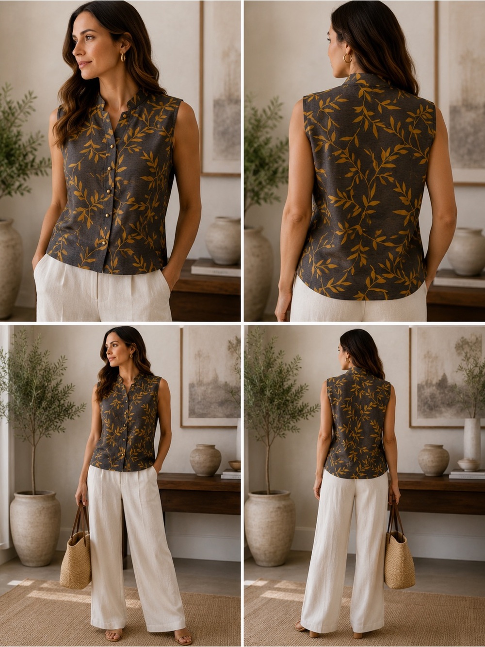 Vintage Daniel & Rebecca Linen Leaf Print Mandarin Collar Sleeveless Blouse | 10
